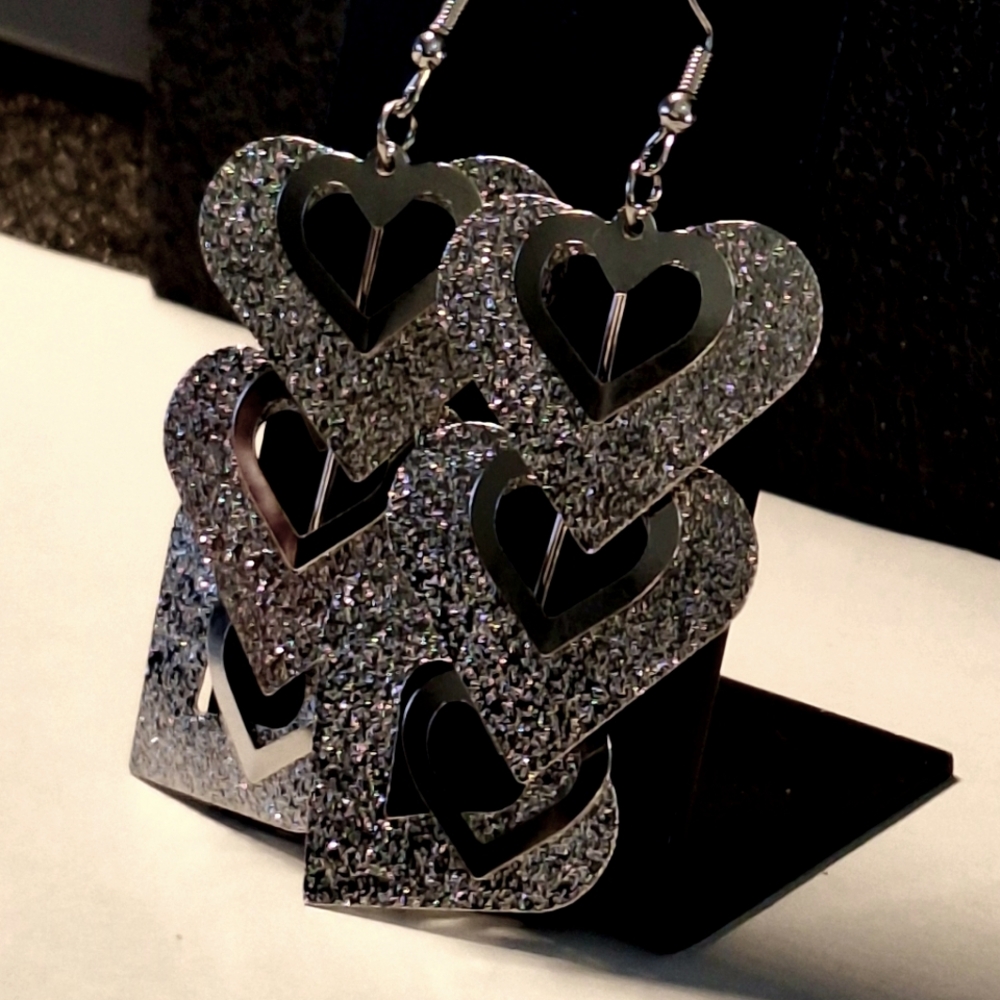 Stainless Steel Drop Down Dangle Triple Heart Earrings